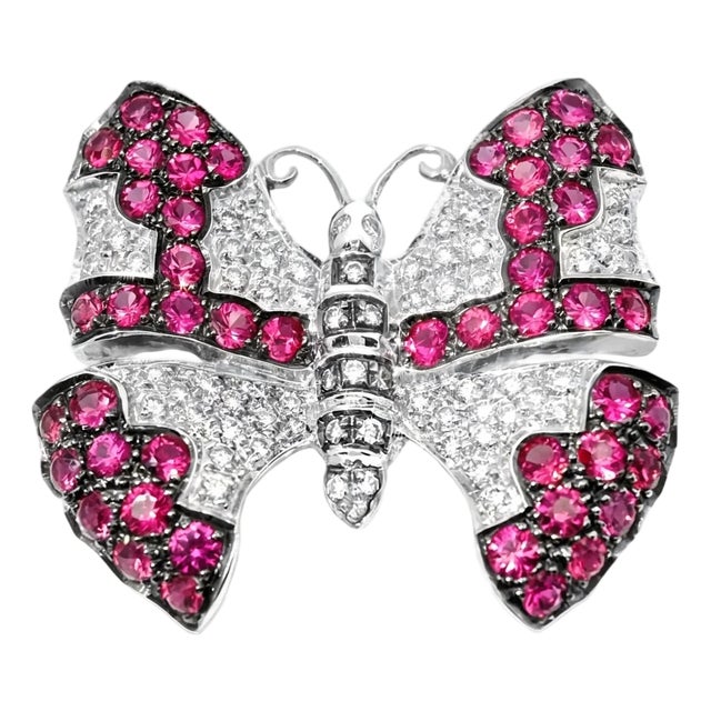 Late 20th Century 18K White Gold Ruby Pave Diamond Butterfly Brooch Pin For Sale
