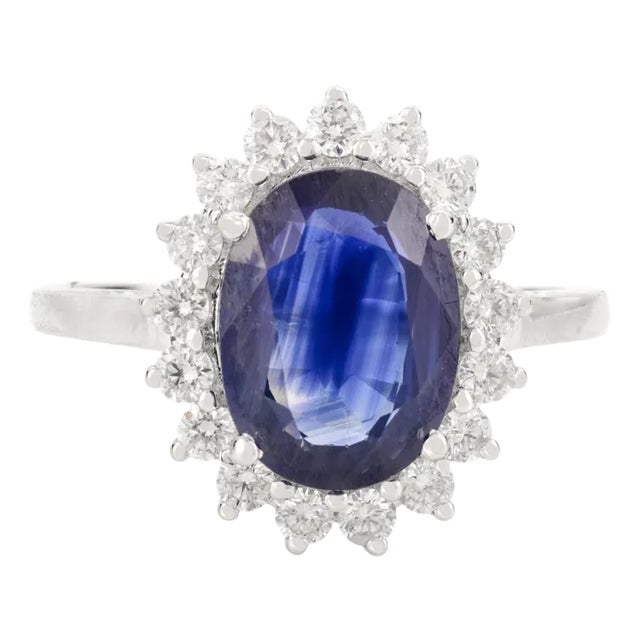 Diamonds Halo Oval Cut Sapphire Cocktail Ring in 14k Solid White Gold Size 5.5 For Sale