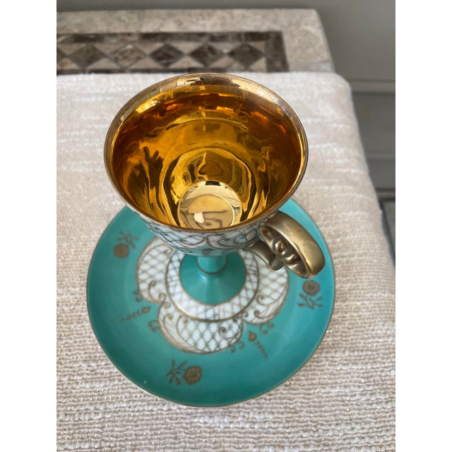 Chinese Mid 20th Century Teal Green & Gold Cup and Plate For Sale - Image 3 of 6