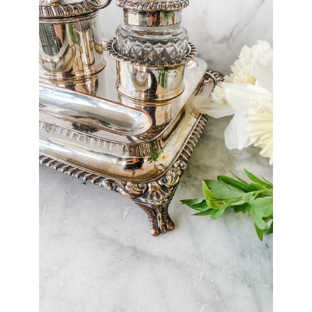 Silver Rare Early 19th Century Old Sheffield Plate Inkwell Stand With Original Cut Glass Inserts, Circa 1820 For Sale - Image 8 of 10
