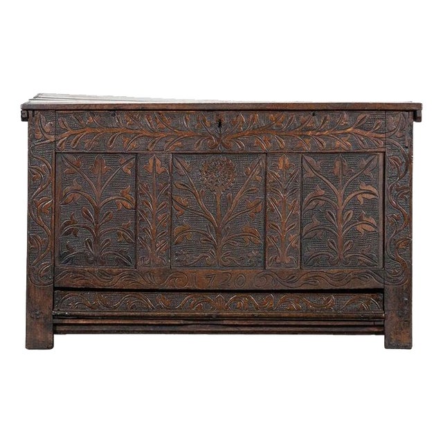 English Carved Oak Mule Chest, 1680 For Sale