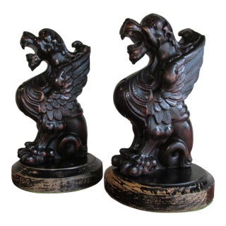 19th Century English Carved Wooden Griffins on Stands, a Pair For Sale