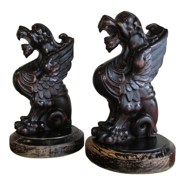 19th Century English Carved Wooden Griffins on Stands, a Pair For Sale