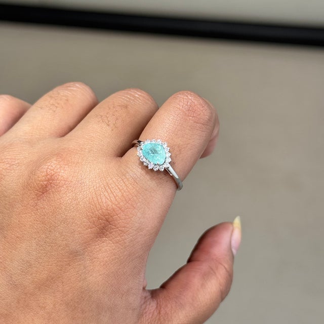 Mid-Century Modern 18k Gold 1.09ct Pear Cut Paraiba Tourmaline Diamond Halo Cluster Ring Size 6 For Sale - Image 3 of 18