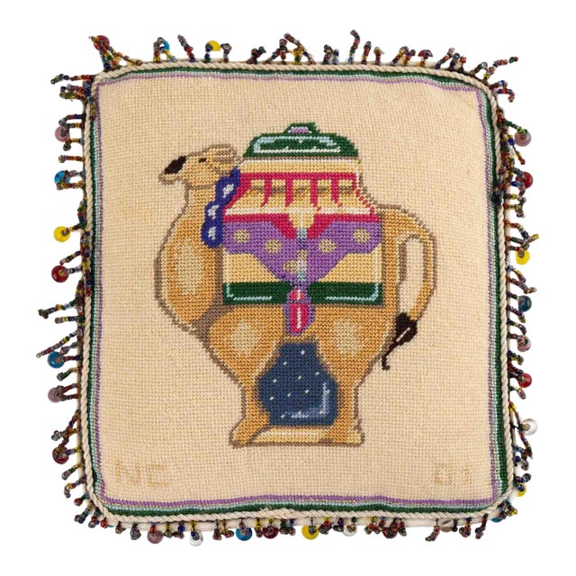 Vintage Needlepoint Camel Pillow With Beaded Trim For Sale