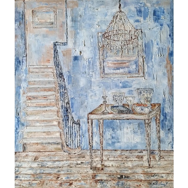 "The Staircase" Contemporary Original Post-Impressionist Style Interior Scene Oil Painting on Canvas For Sale