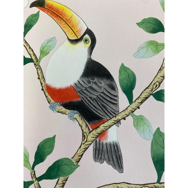 Paper Hand-Painted Pink Chinoiserie Wallpaper, Set of 3 Panels No Frame For Sale - Image 7 of 7