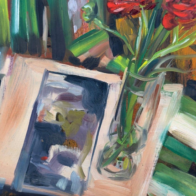 Vintage Original Oil Painting Red Roses Still Life For Sale - Image 4 of 13