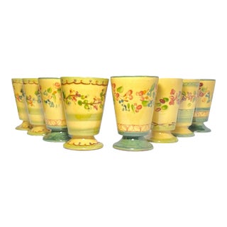 Terre E Provence Yellow & Green Ceramic Footed Tumbler Drinking Glasses - Set of 8 For Sale