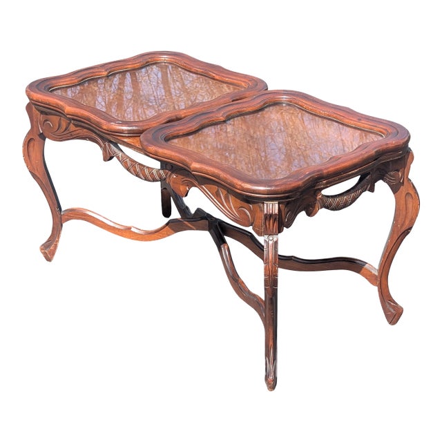Rare Vintage French Style Carved Parlor Table With Glass Tray Top For Sale