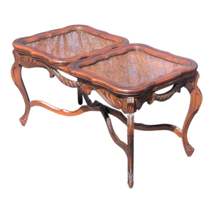 Rare Vintage French Style Carved Parlor Table With Glass Tray Top