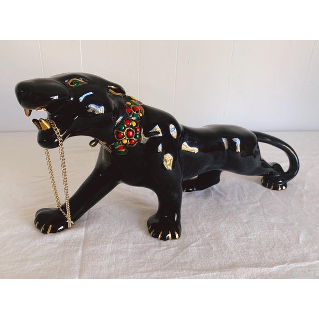 Vintage MidCentury Modern Large Ceramic Black Panther Statue With