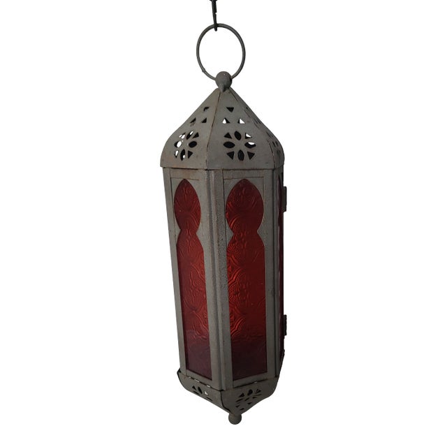 1990s Metal Moroccan Red Glass Lantern For Sale