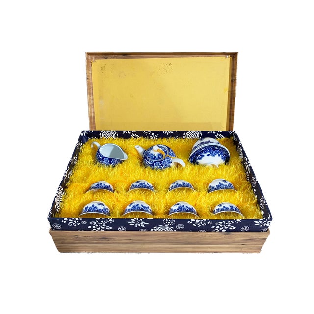2000 - 2009 Chinoiserie Blue and White Tea Set 11 Pcs For Sale - Image 5 of 9
