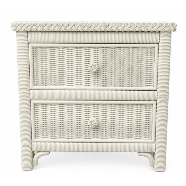 Beautiful pair of vintage Wicker by Henry Link nightstands featuring intricate woven wicker construction, distinctive...