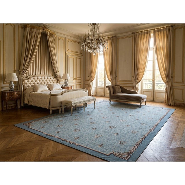 9x12 Vintage Aubusson Flat Weave Wool Rug, Blue Fleur-De-Lis For Sale - Image 15 of 15