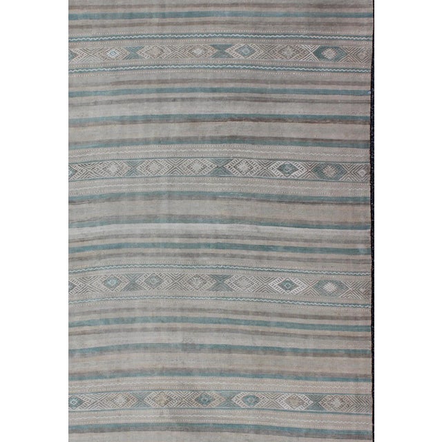 Geometric stripe design vintage Kilim rug from Turkey in gray, blue-green, taupe, camel, Keivan Woven Arts / rug...