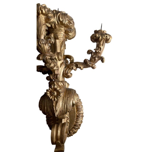 Rare Pair of Early 19th Century Italian Baroque Style Giltwood Wall Candelabras For Sale - Image 10 of 10