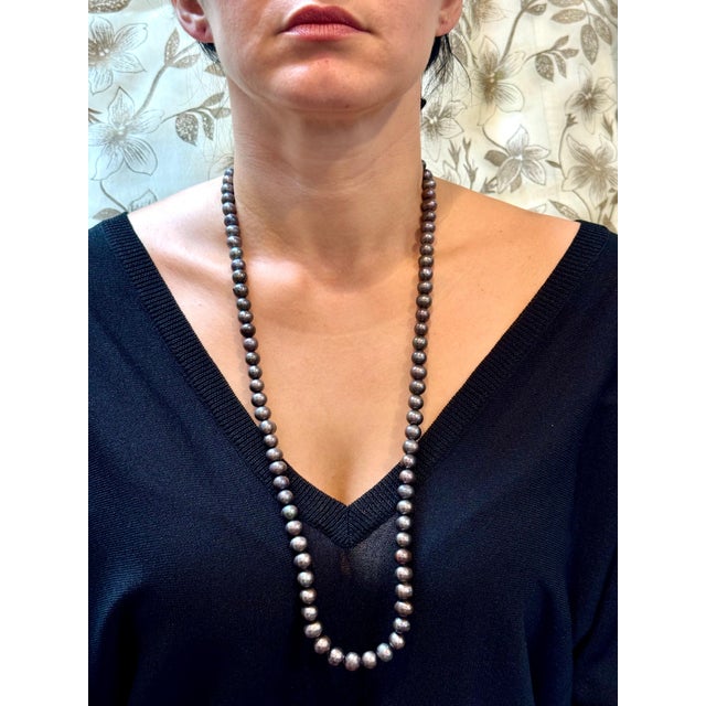 Fresh Black Water Round Pearl Single Strand Necklace, Opera Length, Silver Clasp For Sale - Image 9 of 18