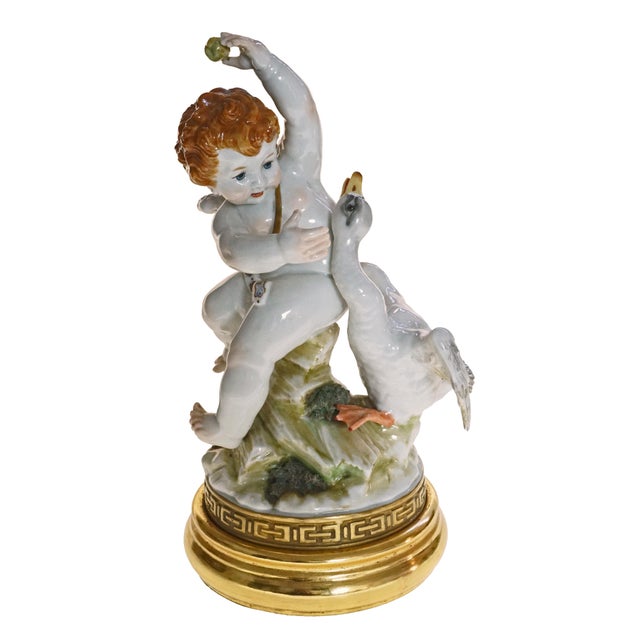 Vintage Algora Cupid and Swan Porcelain Group Spain For Sale - Image 4 of 8