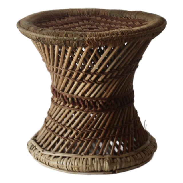 Vintage Woven Bamboo Rattan Woven Cane Wicker Stool Mid-Century For Sale
