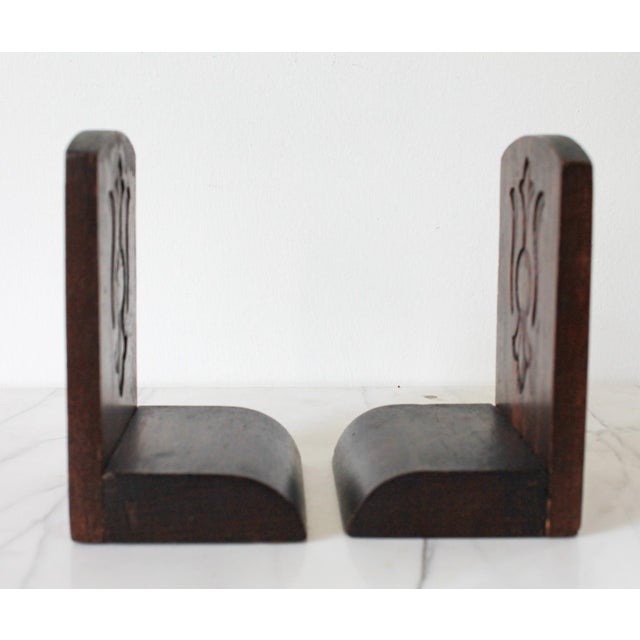 Vintage Hand Tooled Arts and Crafts Oak Wood Bookends For Sale - Image 9 of 11