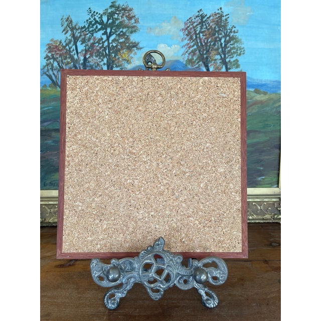 Vintage French Faience Style Ceramic Tile With Hand-Painted Floral Motif in Wood Frame. For Sale - Image 10 of 10