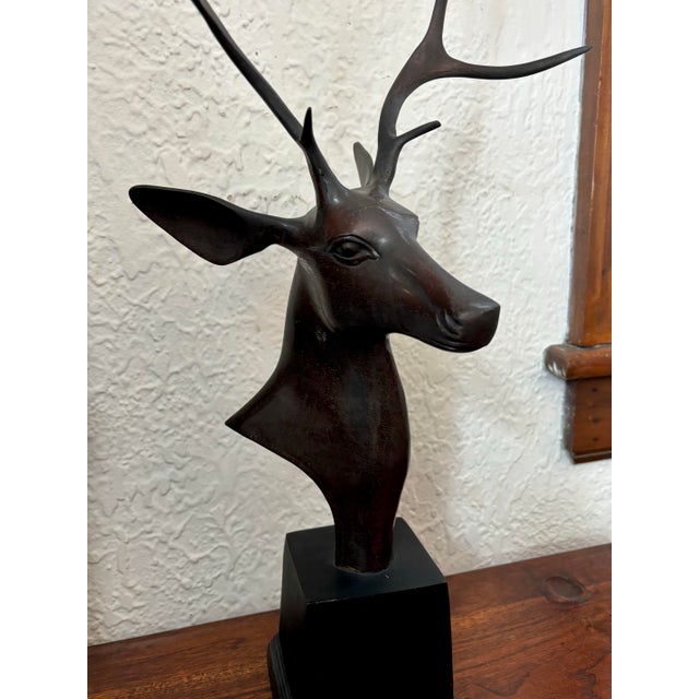 Striking large bronze deer bust, from late 20th century. This heavy 2 foot tall bust makes a statement. No maker's mark...