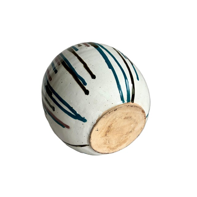 Signed 1960s Mid Century Blue and White Ceramic Vase / Modernist Art Studio Pottery Drip Glaze For Sale - Image 9 of 10
