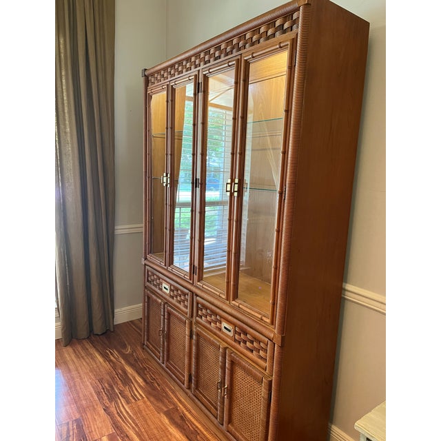 Boho Chic 1980’s Rattan Wrapped Faux Bamboo Lighted China Cabinet For Sale - Image 3 of 11