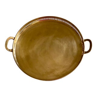 Vintage Large Round Brass Tray With Handles For Sale