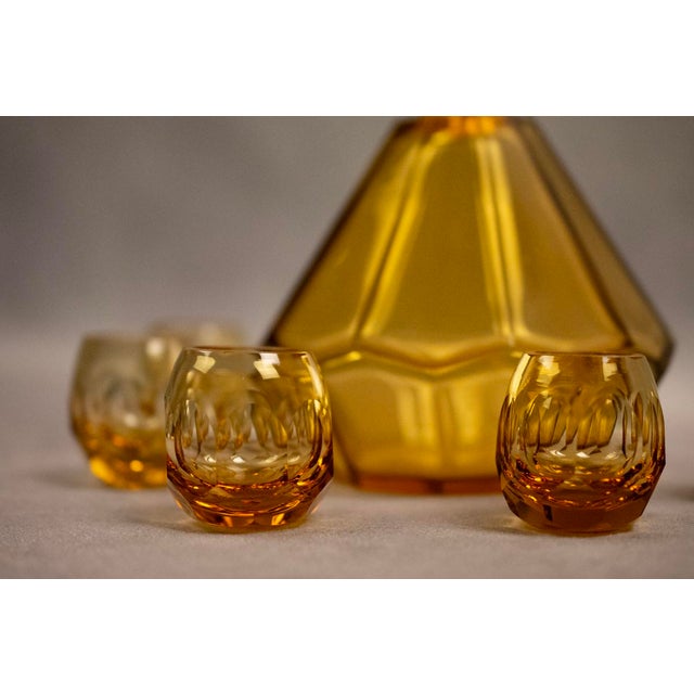 Art Deco Carafe and Liqueur Glasses in Frosted Orange Faceted Glass by Rudolf Eschler for Moser Karlsbad, 1940s, Set of 6 For Sale - Image 15 of 18