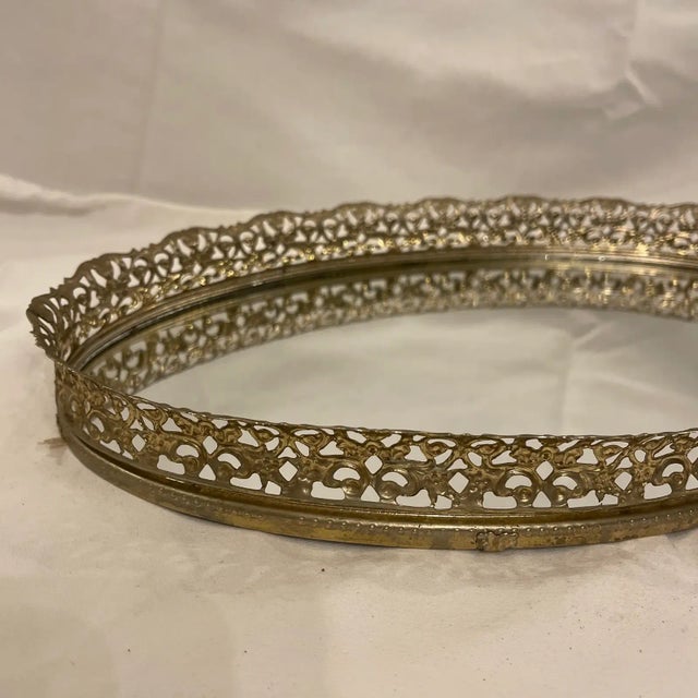Hollywood Regency Vintage Reticulated Brass Oval Mirror Tray For Sale - Image 3 of 3