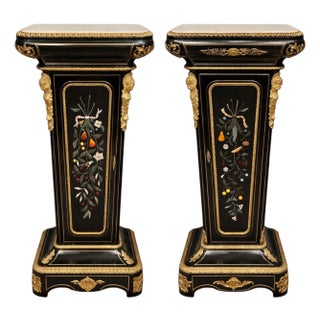 Similar Pair 19th C. Napoleon III Ebonized Pedestals With Hardstone & Bronze. For Sale