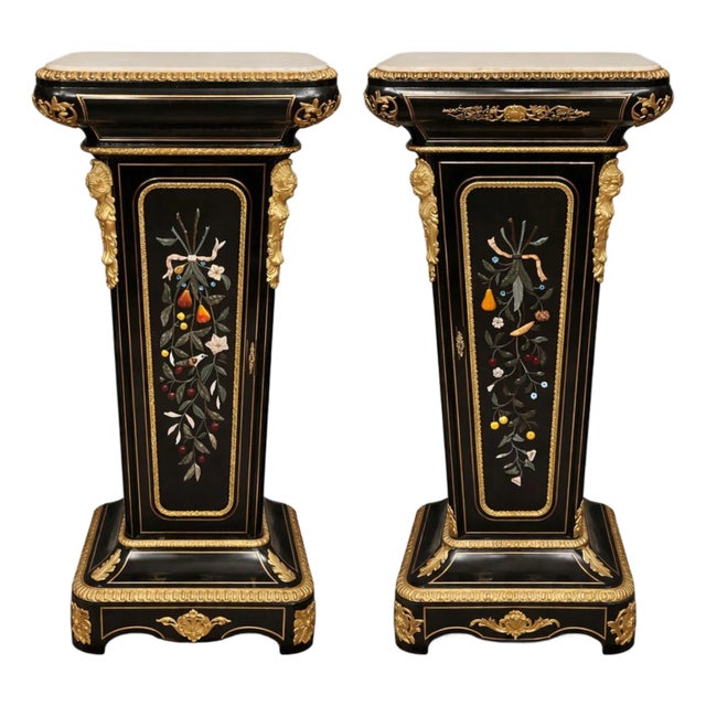 Similar Pair 19th C. Napoleon III Ebonized Pedestals With Hardstone & Bronze. For Sale