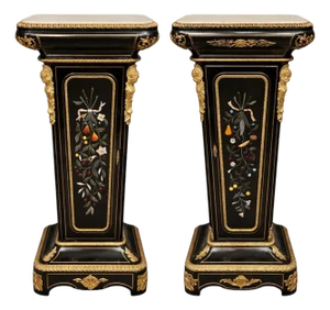 Similar Pair 19th C. Napoleon III Ebonized Pedestals With Hardstone & Bronze.