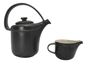 Black Ceramic Teapot and Milk Jug by F. Bucci for Laboratorio Pesaro, 1970s, Set of 2