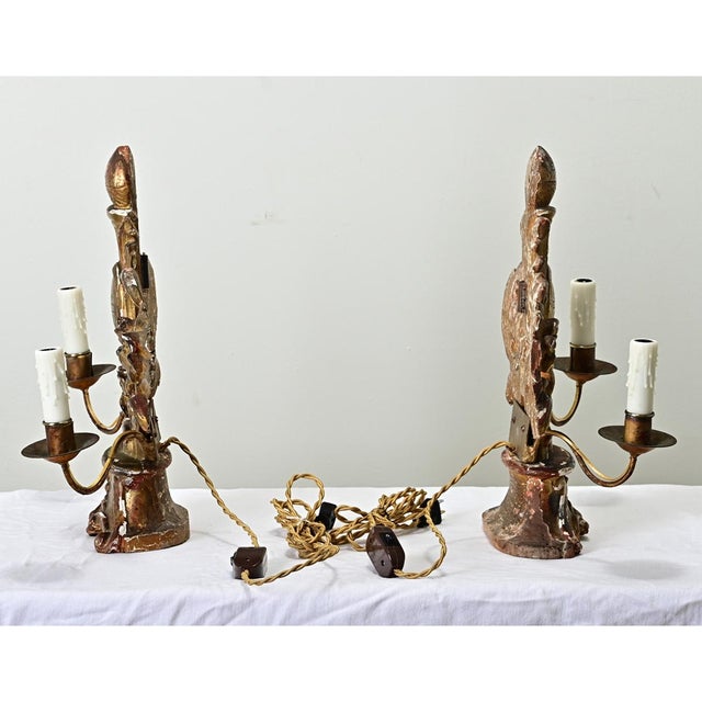 Gold French 18th Century Giltwood Candelabra Lamps - A Pair For Sale - Image 8 of 8
