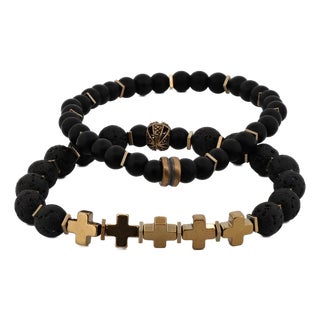 Gold Cross Black Beaded Bracelet Set For Sale