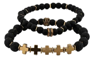 Gold Cross Black Beaded Bracelet Set