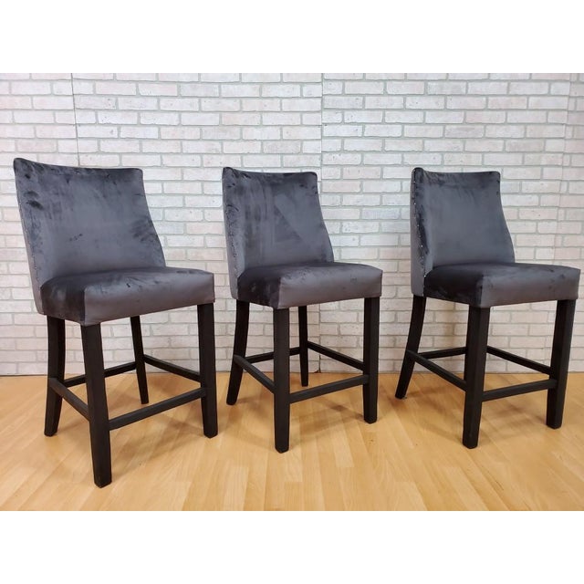 Restoration Hardware Barrel Back Stools Newly Reupholstered in High End Charcoal Silk Velvet - Set of 3 Originally...