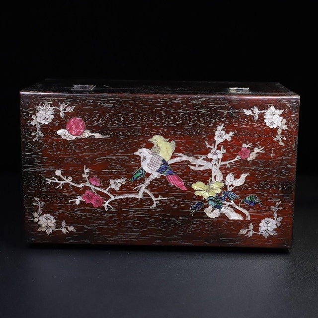 Chinese Zitan Wood Box Inlaid With Mother-of-Pearl Bird & Floral Motif For Sale - Image 3 of 8