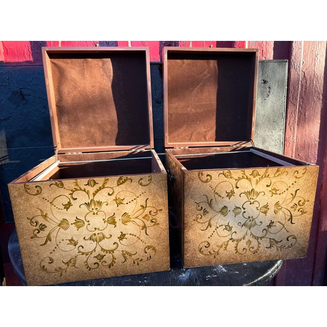 1970s Vintage Mid-Century Italian Florentine Style 16” Square Wooden Hanging File Boxes With Velveteen Interiors - A Pair For Sale - Image 5 of 10