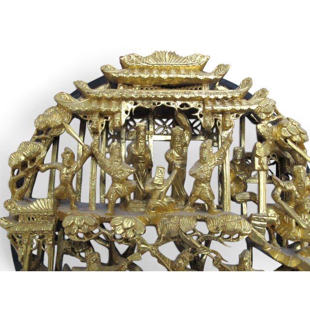 Chinese Chinese Ornate Carved Battle Scene Gilt Lacquer Wood Medallion Wall Panel For Sale - Image 3 of 8