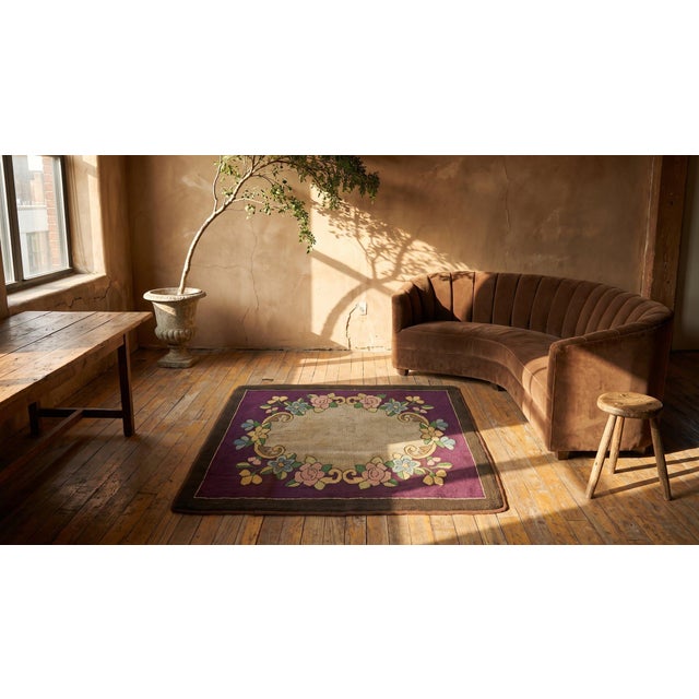 1890s Purple Medallion Floral Handmade Folk Art Antique American Hooked Rug For Sale - Image 11 of 13