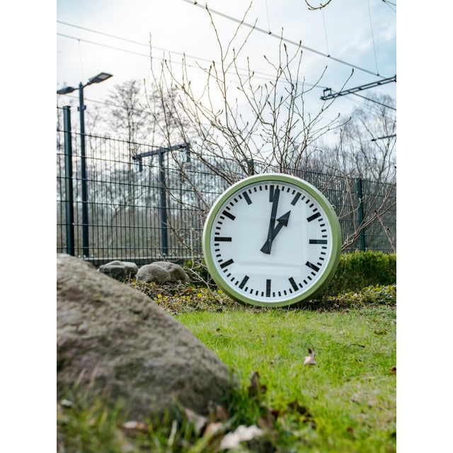 Metal Double-Faced Illuminated Railway Station Clock with Green Quartz Conversion from RFT, Germany, 1950s For Sale - Image 7 of 14