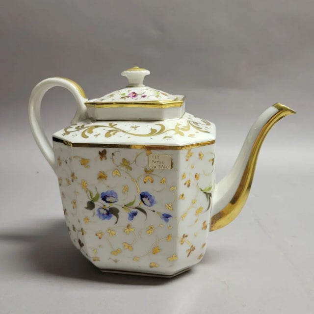 Ceramic Antique Old Paris Teapot, Creamer, Sugar With Lid, Tea Set For Sale - Image 7 of 12