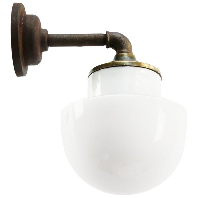 Metal Vintage Industrial White Opaline Glass, Brass, and Cast Iron Sconce For Sale - Image 7 of 9
