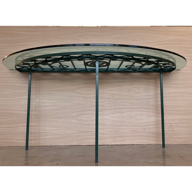 Metal 19th Spanish Wrought Iron Demilune Green Console Table For Sale - Image 7 of 12