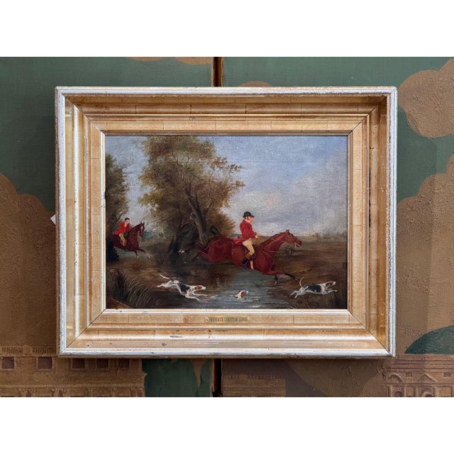 An early 19th C. oil on canvas hunting scene by English artist Frederick Christian Lewis, titled "Crossing the Stream." A...
